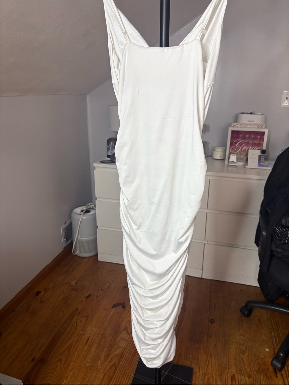 White Ruched Slip Dress with Spaghetti Straps - Picture 2 of 2